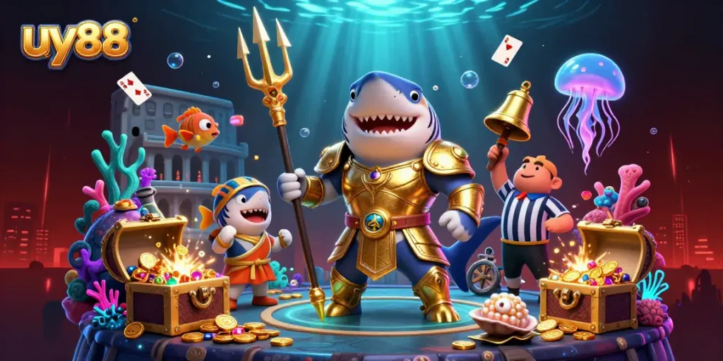 Experience excitement in uy88's underwater casino with vibrant characters and treasures.