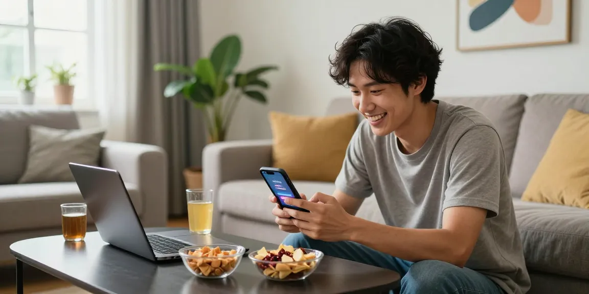 Enjoying lavowin login on smartphone in cozy living room.