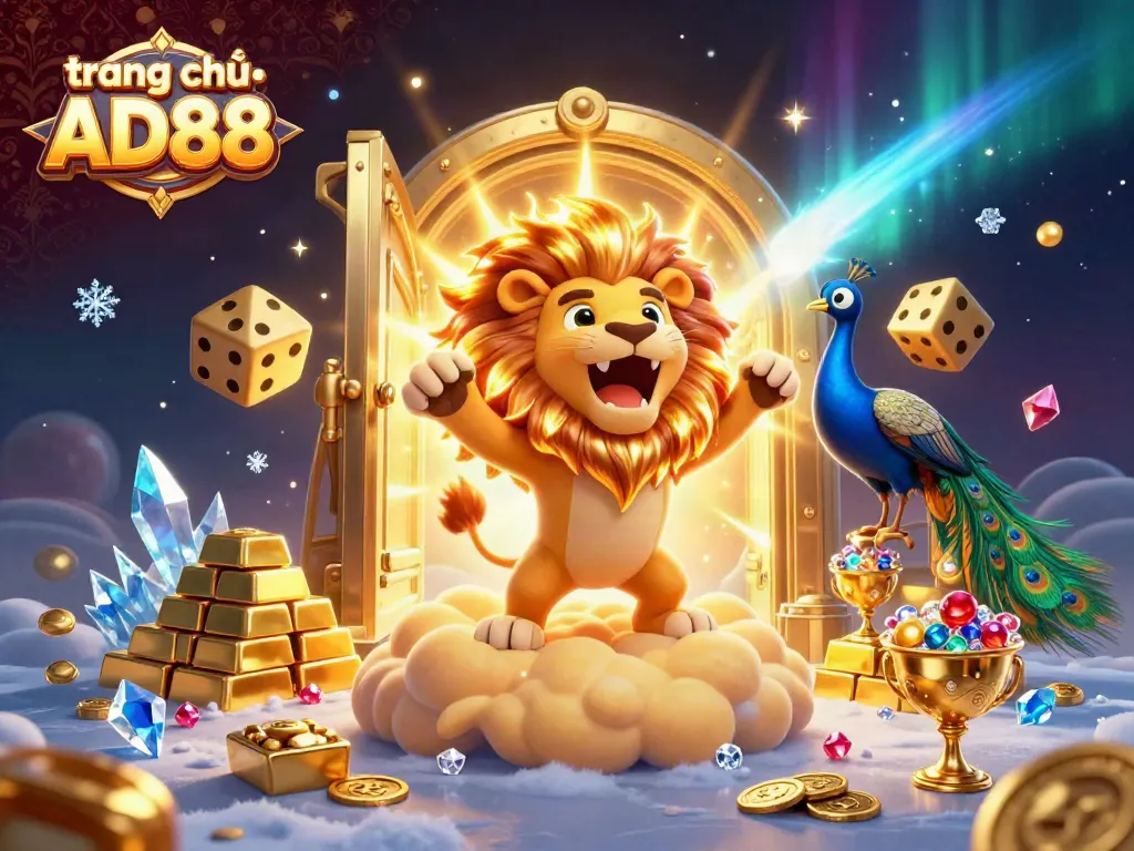 Experience the vibrant energy of trang chủ AD88 with a roaring sun lion and tumbling dice, showcasing casino treasures.