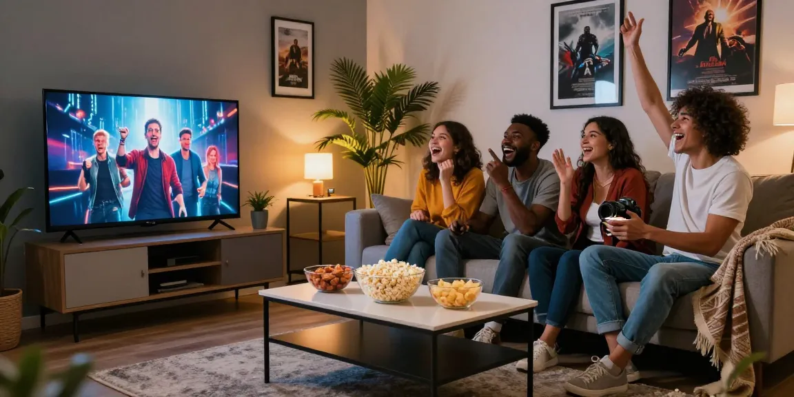 Friends enjoying a movie night using Movies2watch on a cozy couch with snacks.