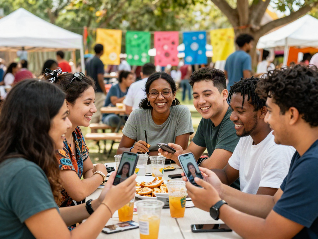 How old do I look: Friends enjoying outdoor festival while revealing their age estimates through a fun app.