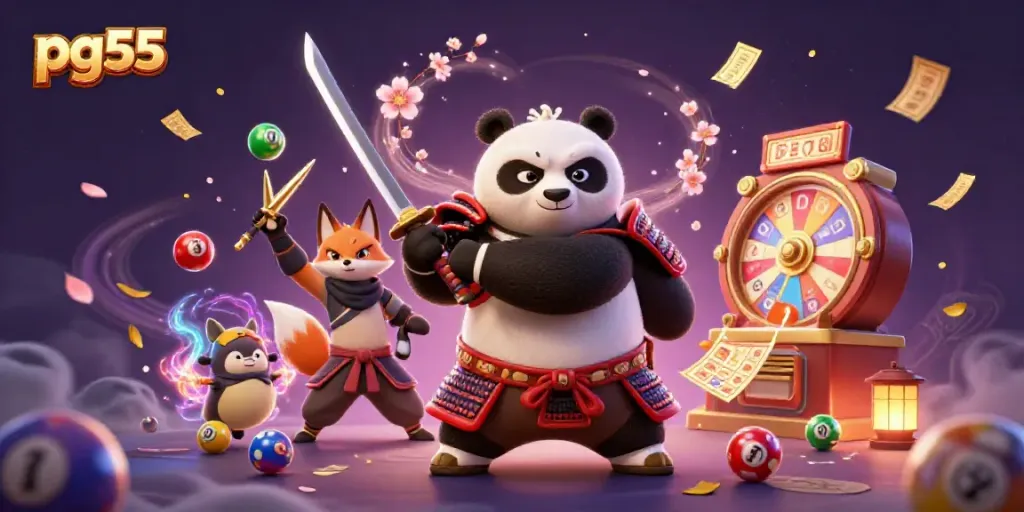 Engage with pg55 and win big with a vibrant scene of samurai panda, ninja fox, and magical tanuki.
