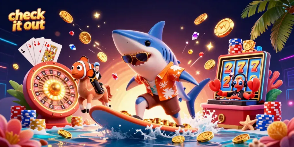 Check it out with a dynamic casino scene featuring a hammer-head shark, clownfish, and crab DJ.