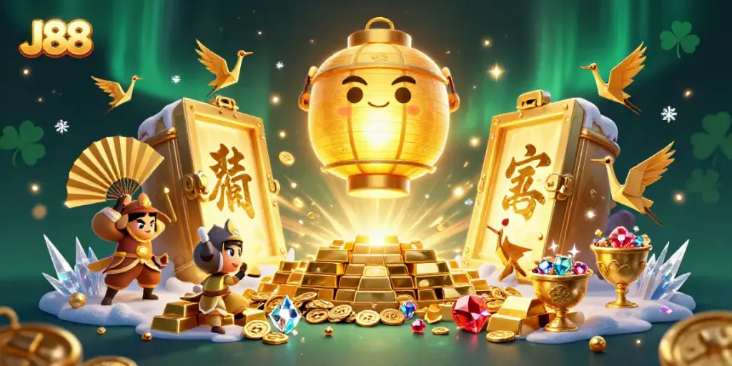 Spin for fortune with J88's vibrant night market casino scene filled with golden treasures.