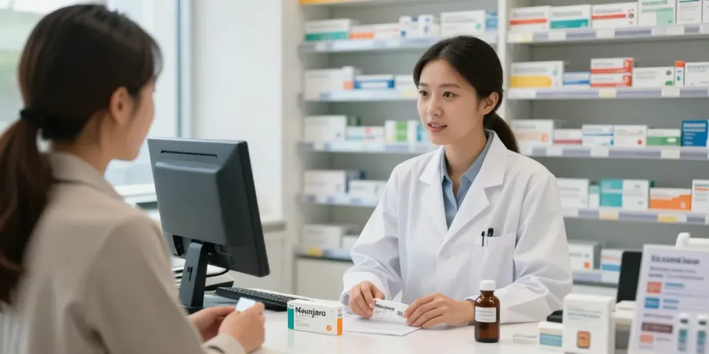 Mounjaro 10 mg Prezzo consultation in a pharmacy with a pharmacist and patient.