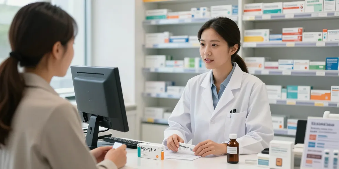 Mounjaro 10 mg Prezzo consultation in a pharmacy with a pharmacist and patient.