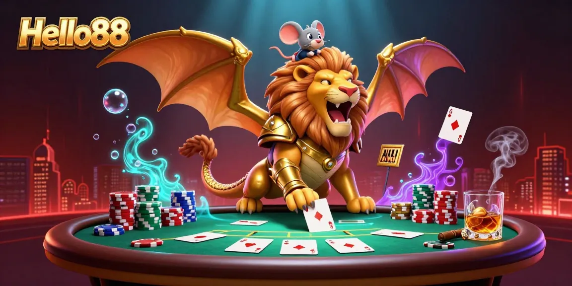 Experience the thrill of Hello88 with an exciting poker scene featuring a golden chimera and vibrant game elements.