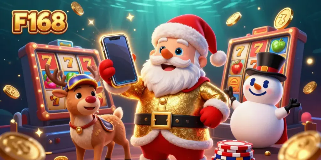 F168-themed 3D illustration showing Santa, reindeer, and a snowman celebrating a jackpot.