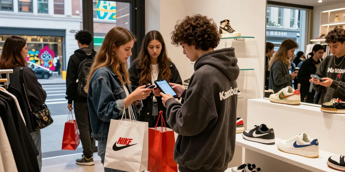 Young adults exploring fashion items with Kakobuy spreadsheet in urban shopping scene
