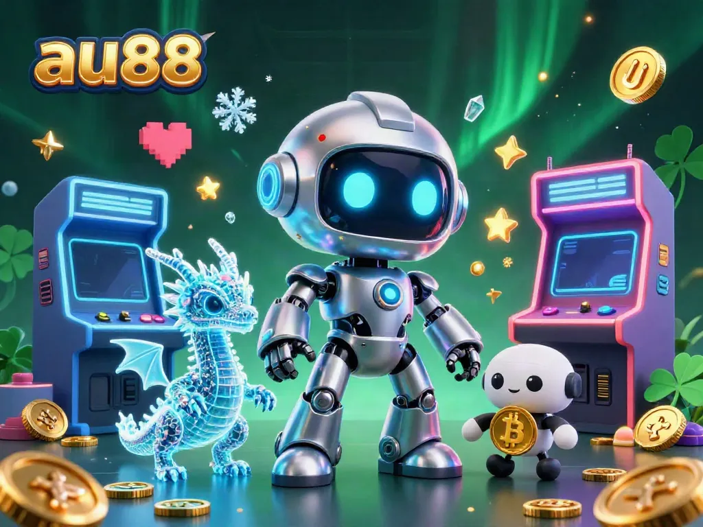Join the fun at au88 with a vibrant 3D illustration of a cyberpunk character and gaming elements.