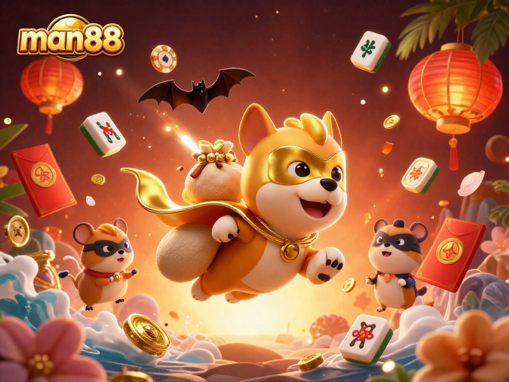 Engage with man88's adventurous world featuring a superhero dog and hamster amidst casino games.