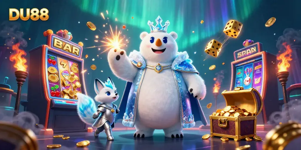 Experience the excitement at DU88 with a 3D illustration of a polar bear and a fox, surrounded by casino elements.