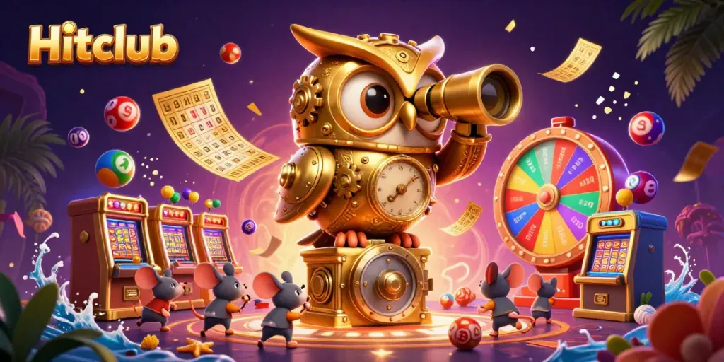 Hitclub showcases a dynamic casino scene with a golden owl and vibrant game elements.