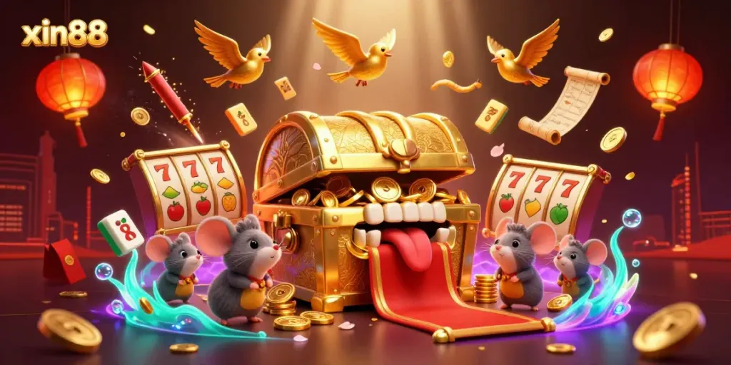 Experience thrilling adventures with xin88's treasure-filled 3D illustration featuring golden elements and casino symbols.