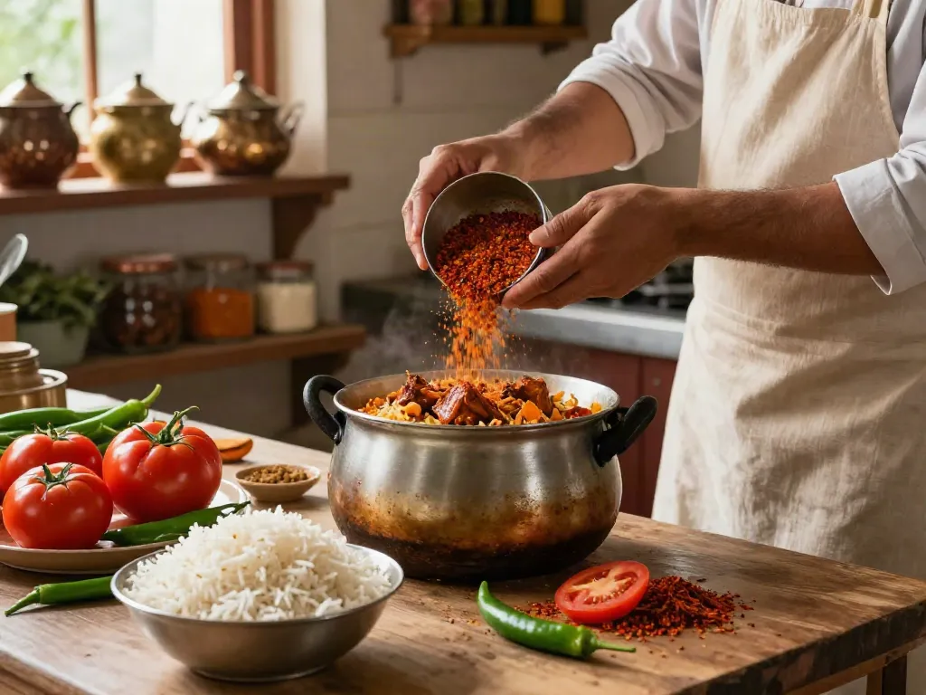 Best and authentic biryani preparation in a rustic kitchen with spices and fresh ingredients.