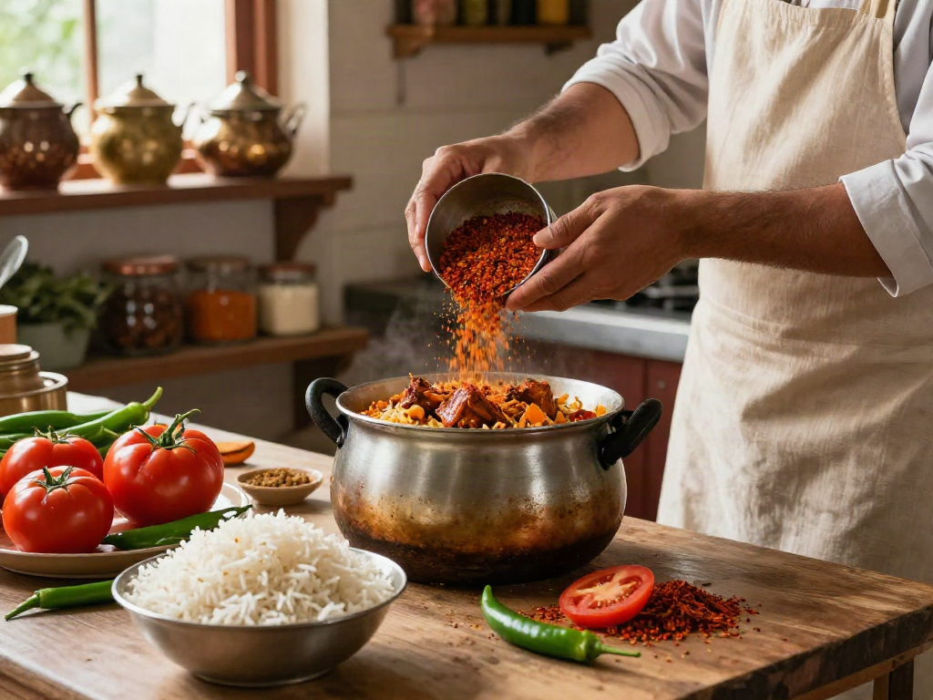 Best and authentic biryani preparation in a rustic kitchen with spices and fresh ingredients.