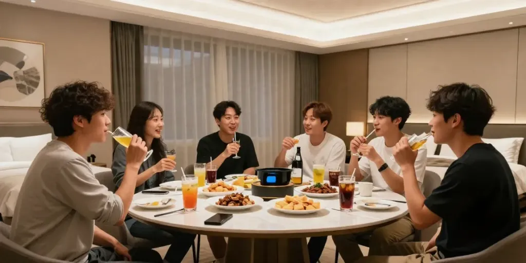 강남 구구단에서 친구들과 즐거운 시간을 보내는 모습의 사적인 룸 셋업