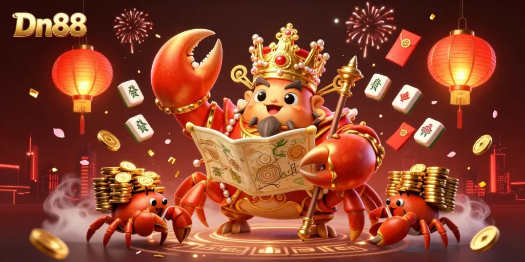 Witness Dn88's golden crab emperor overseeing vibrant treasures and festive elements of an engaging casino atmosphere.