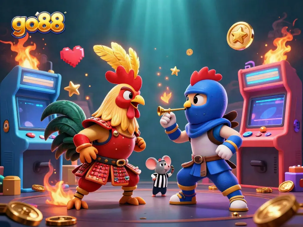 Experience the thrill of go88 with twin roosters in a standoff amidst golden coins and vibrant game elements.
