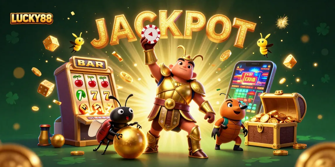 LUCKY88 shines as cartoon beetles celebrate jackpot alongside colorful casino elements.