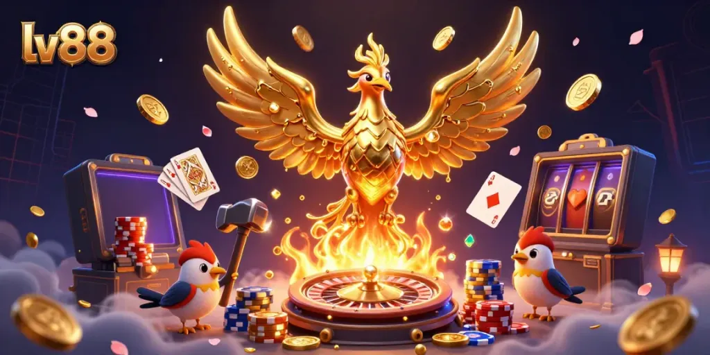 Experience the thrill of LV88 with golden phoenix and immersive casino elements in an elite gaming scene.