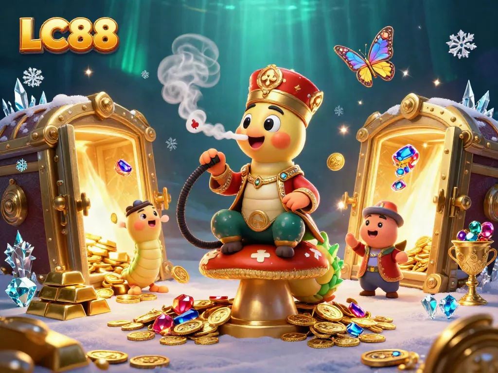 Experience the thrilling world of LC88 with captivating symbols and treasure elements in this vibrant 3D illustration.