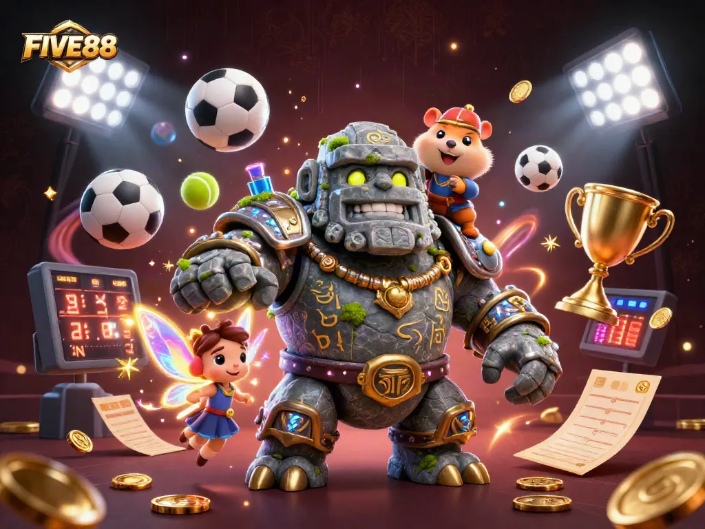 Experience the thrill of betting with FIVE88, featuring vibrant characters in an exciting casino scene.