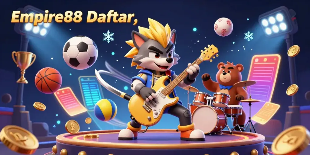 Engage in thrilling gameplay with the Empire88 Daftar featuring a vibrant 3D rock star wolf in a casino setting.