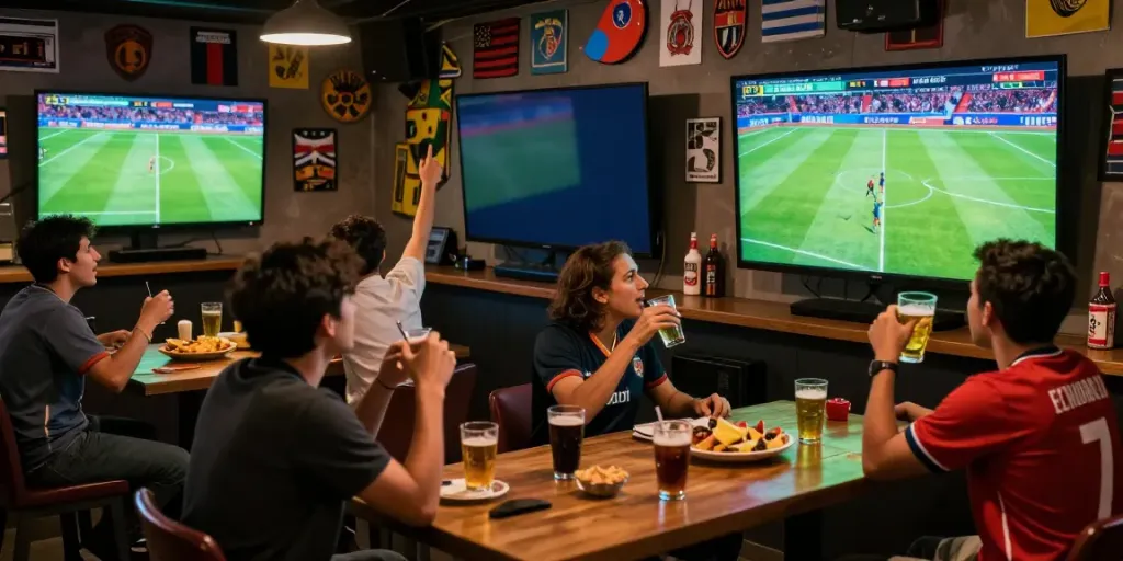 Fans enjoying live football at a vibrant sports bar, showcasing cakhiatv.team atmosphere.