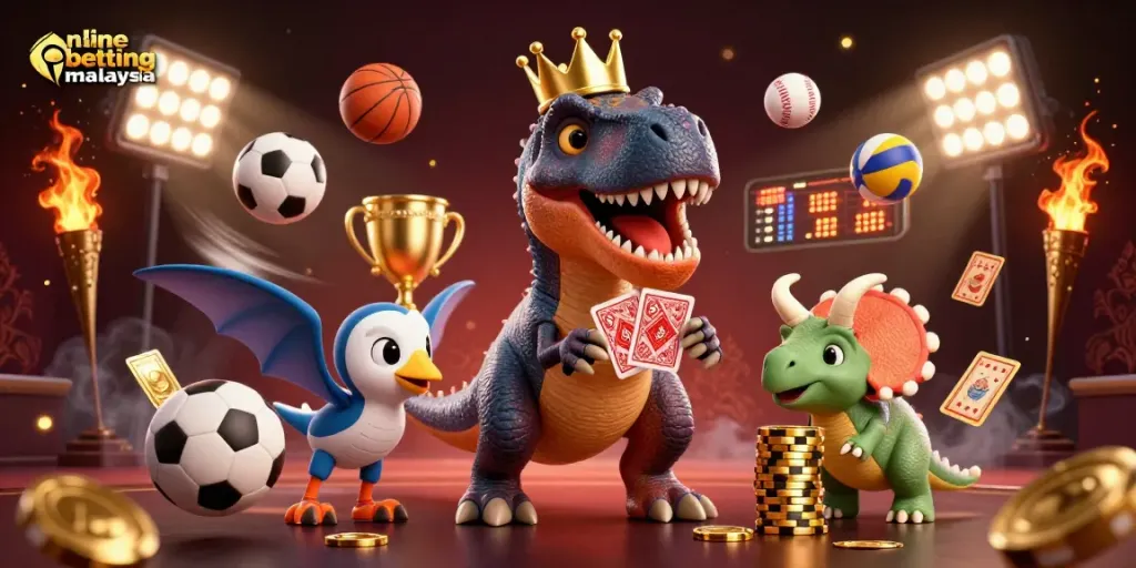 Experience thrilling online betting Malaysia with a vibrant scene of casino elements and animated characters.