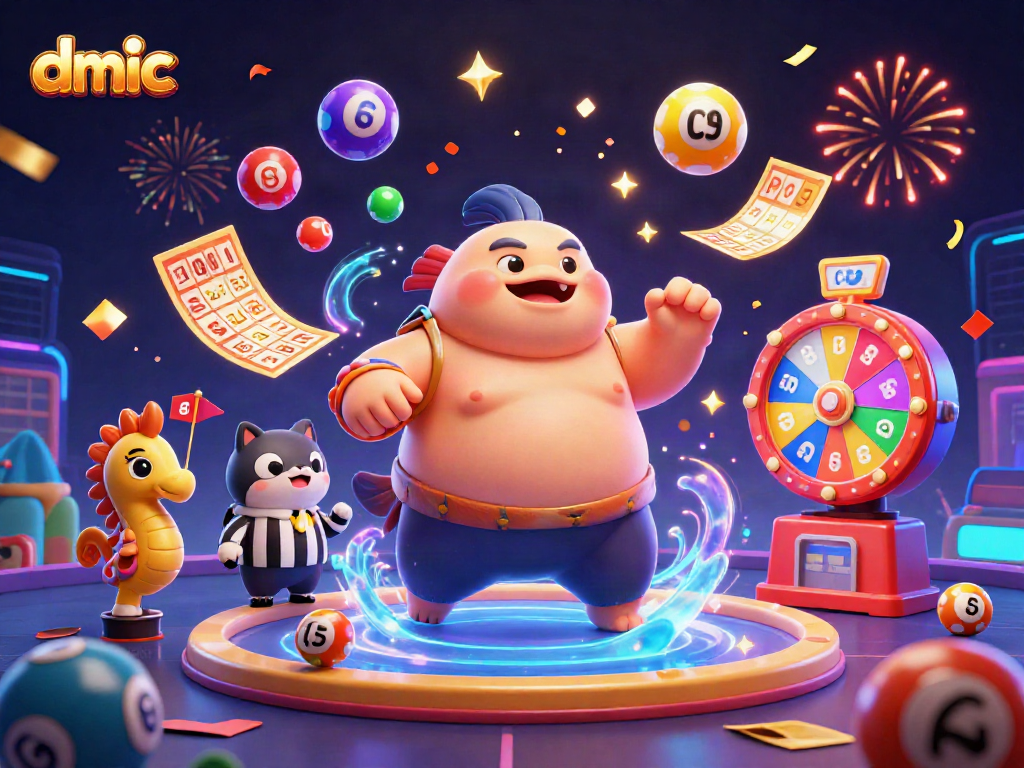 Engage with dmic's exciting lottery games featuring a vibrant underwater celebration with colorful elements.