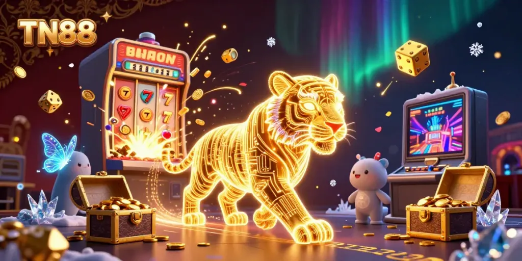 Experience the excitement of TN88 with a dynamic casino-themed illustration filled with our golden tiger and jackpot elements.