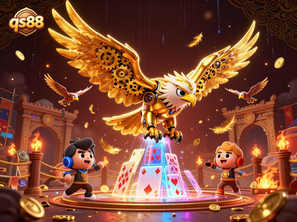 Engage with qs88 in a thrilling 3D casino experience featuring a cybernetic eagle amidst sparkling cards and golden bets.