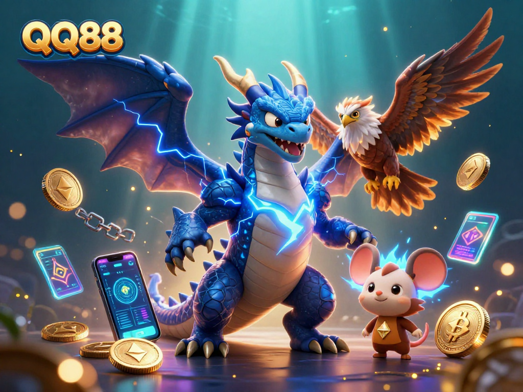 Experience thrilling gaming at QQ88 with iconic characters and vibrant crypto elements in action.