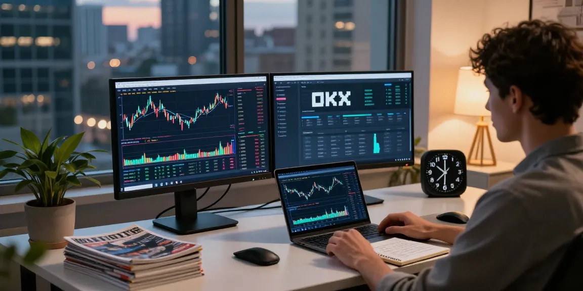 Dynamic cryptocurrency trading scene featuring the OKX platform, showcasing a trader in a modern urban setting.