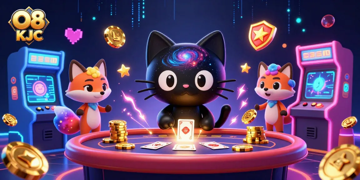 A cosmic casino scene with O8 KJC featuring a black hole cat and colorful elements, perfect for engaging gameplay.