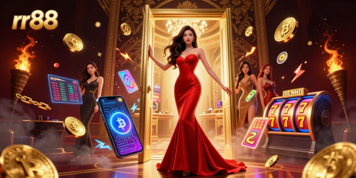 Bet on thrilling games at rr88, featuring vibrant slot reels and exciting casino atmosphere.