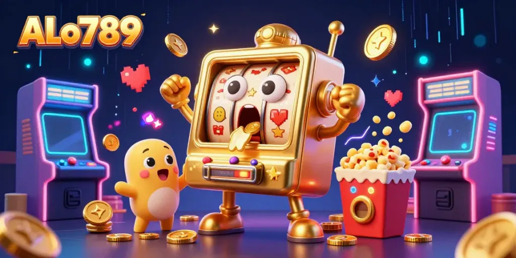 Experience the excitement of ALo789 with a golden slot machine hitting a jackpot surrounded by cheering baby machines.