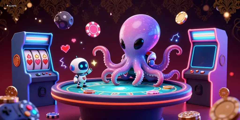 LLWIN alien octopus plays poker in a vibrant 3D digital casino scene filled with games.
