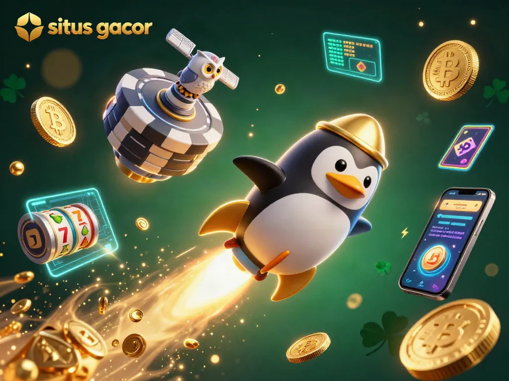 Menghasilkan peluang menang di situs gacor dengan penguin emas 3D dan simbol permainan kasino yang menyenangkan.