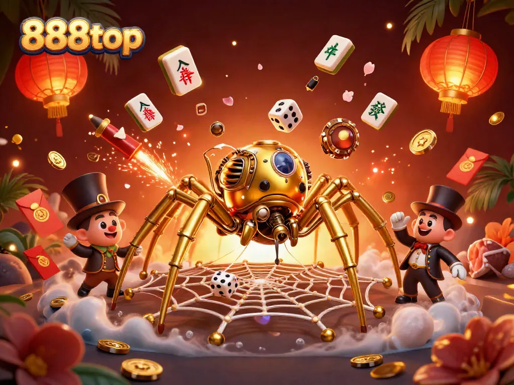 Engage with 888top's exciting 3D casino adventure featuring a golden spider and fly gentleman.