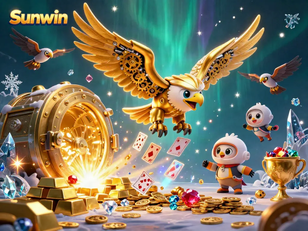 Join the thrill with Sunwin's cybernetic golden eagle soaring among holographic playing cards in a vibrant casino atmosphere.