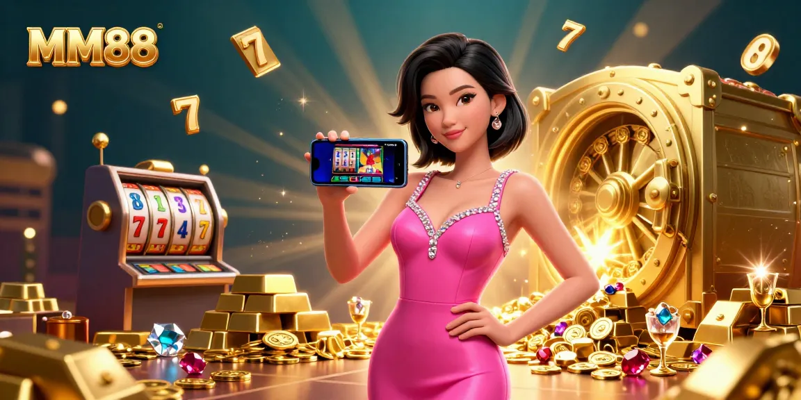 Experience the thrill of MM88 with a stunning illustration showcasing vibrant casino elements and a confident Asian woman in a dynamic scene.