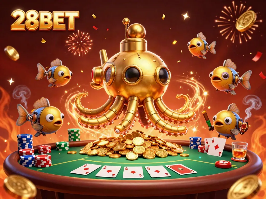 Engage in thrilling bets at 28BET amid a vibrant scene with golden creations.