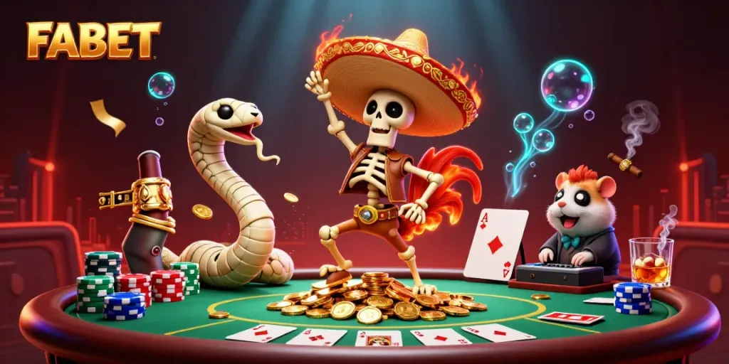 Experience thrilling moments at FABET with a vibrant casino scene featuring dynamic characters and energy.