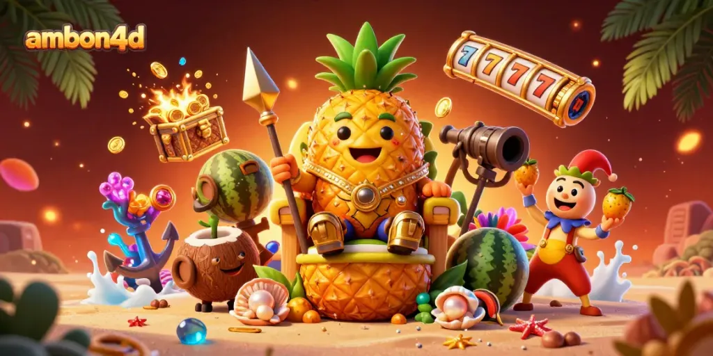 Exciting ambon4d scene showcasing the golden pineapple king surrounded by vibrant slot machines and treasure.