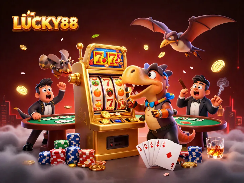 LUCKY88 slot machine action as a pachycephalosaurus wins jackpot coins in a vibrant casino scene