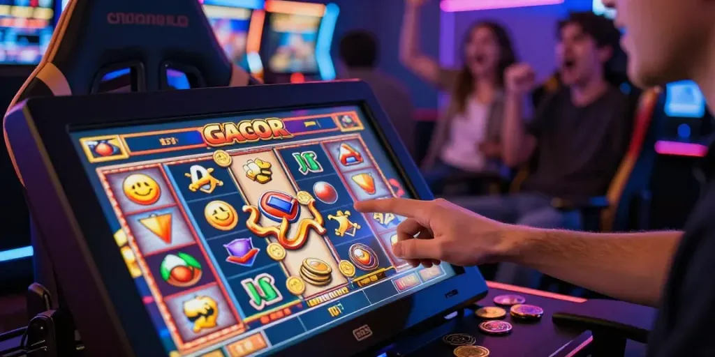 Engaging scene of a user enjoying slot gacor gaming with vibrant symbols and cheerful friends.