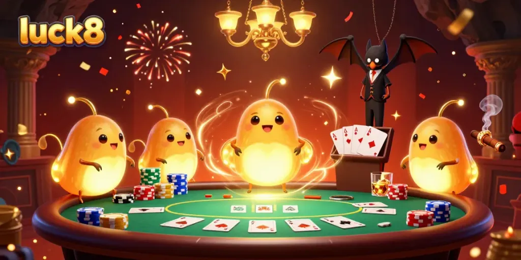 Play exciting games with luck8 in a vibrant casino illuminated by glowworms and a bat dealer.