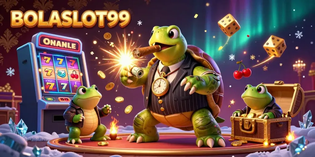 BOLASLOT99 showcases a lively casino scene with a cartoon turtle in a pinstripe suit, symbolizing fun gambling adventures.